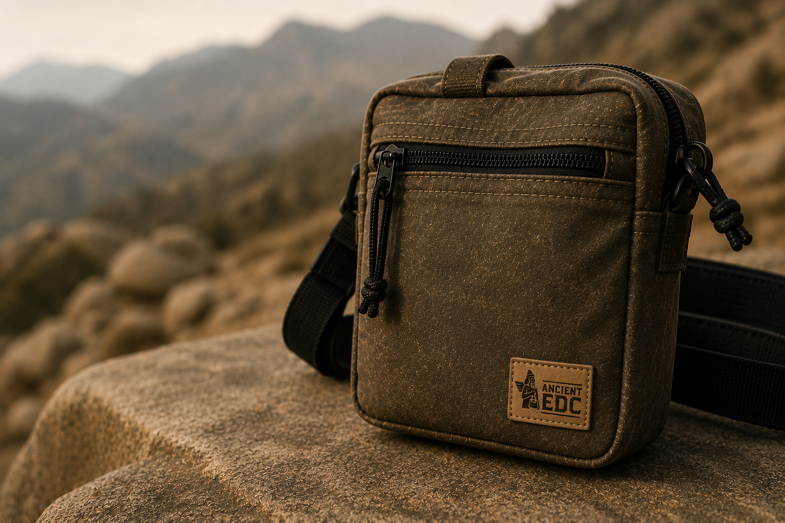Ancient EDC crossbody bag on a rock