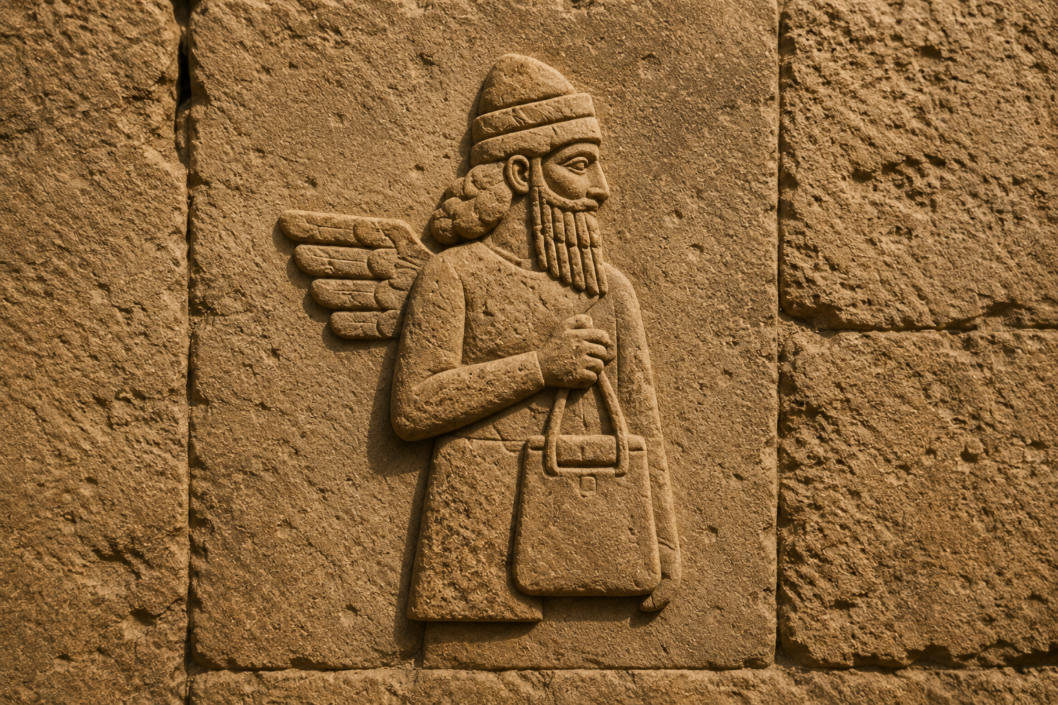 Ancient stone relief of a winged figure carrying a bag